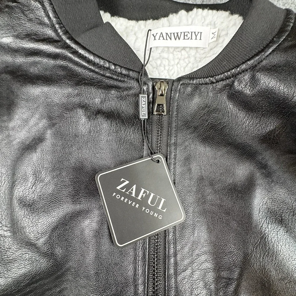 Zaful Yanweiyi‎ Jacket Women M Black White Faux Leather Sherpa Bomber Y2K Baddie - Picture 6 of 13